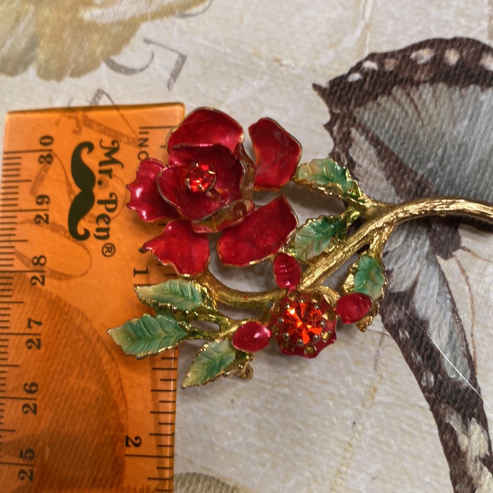 Vintage Made in Austria enamel rhinestone red flower brooch- 2 1/2” x 1 1/2” - Picture 11 of 11